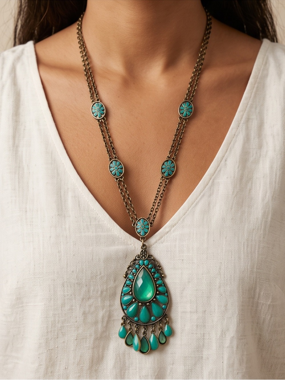 Vintage Boho Style Turquoise and Bronze Teardrop Pendant Necklace